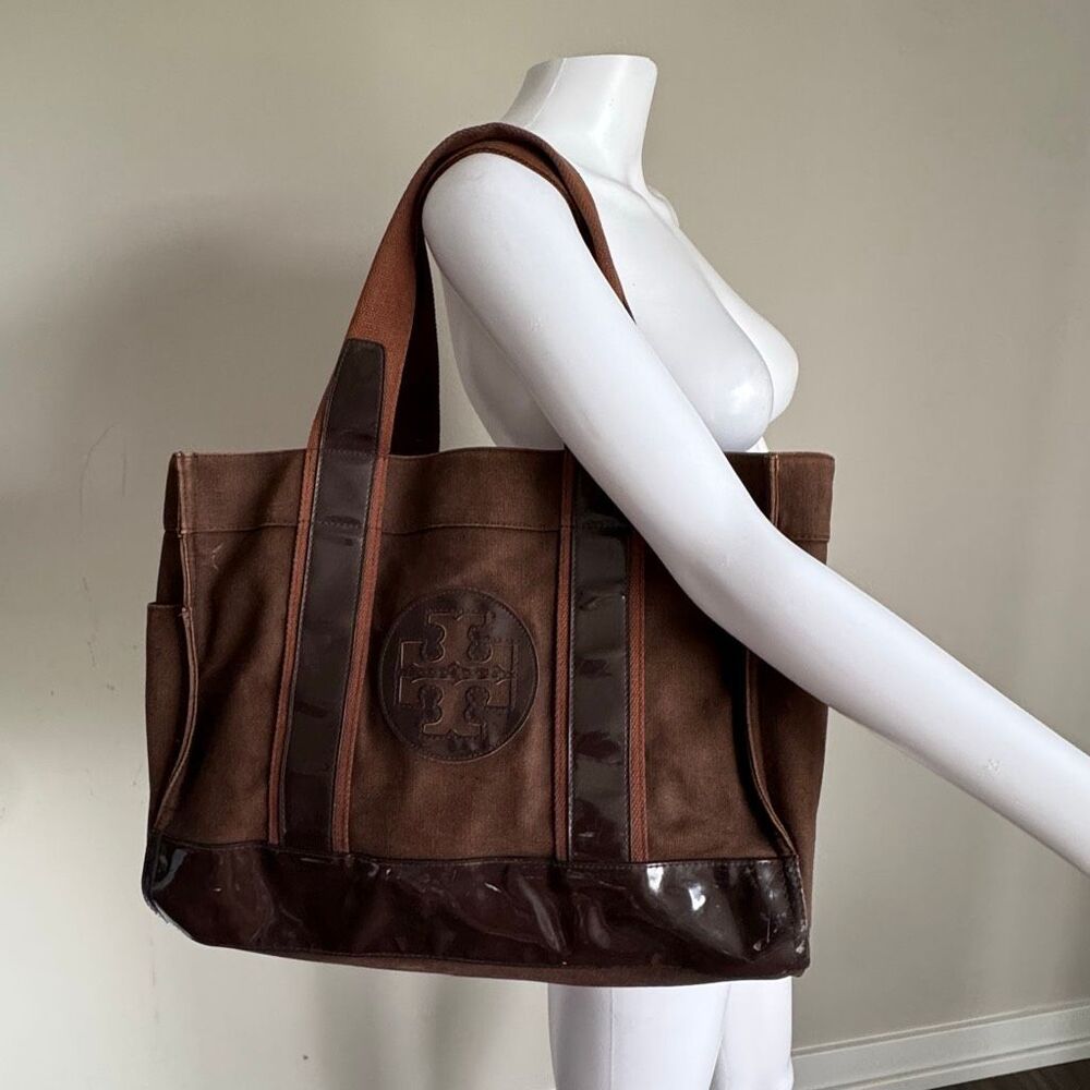 Tory Burch Brown Canvas and Patent Leather Tote